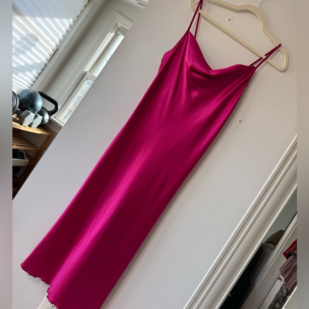 BEBE Magenta Fuchsia Satin Slip Dress | Spaghetti Strap Midi Dress